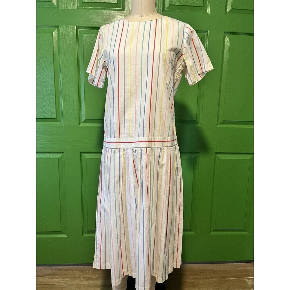 Vintage 80's Dropwaist Primary Colored Cotton Made in USA Striped Dress Sz 8